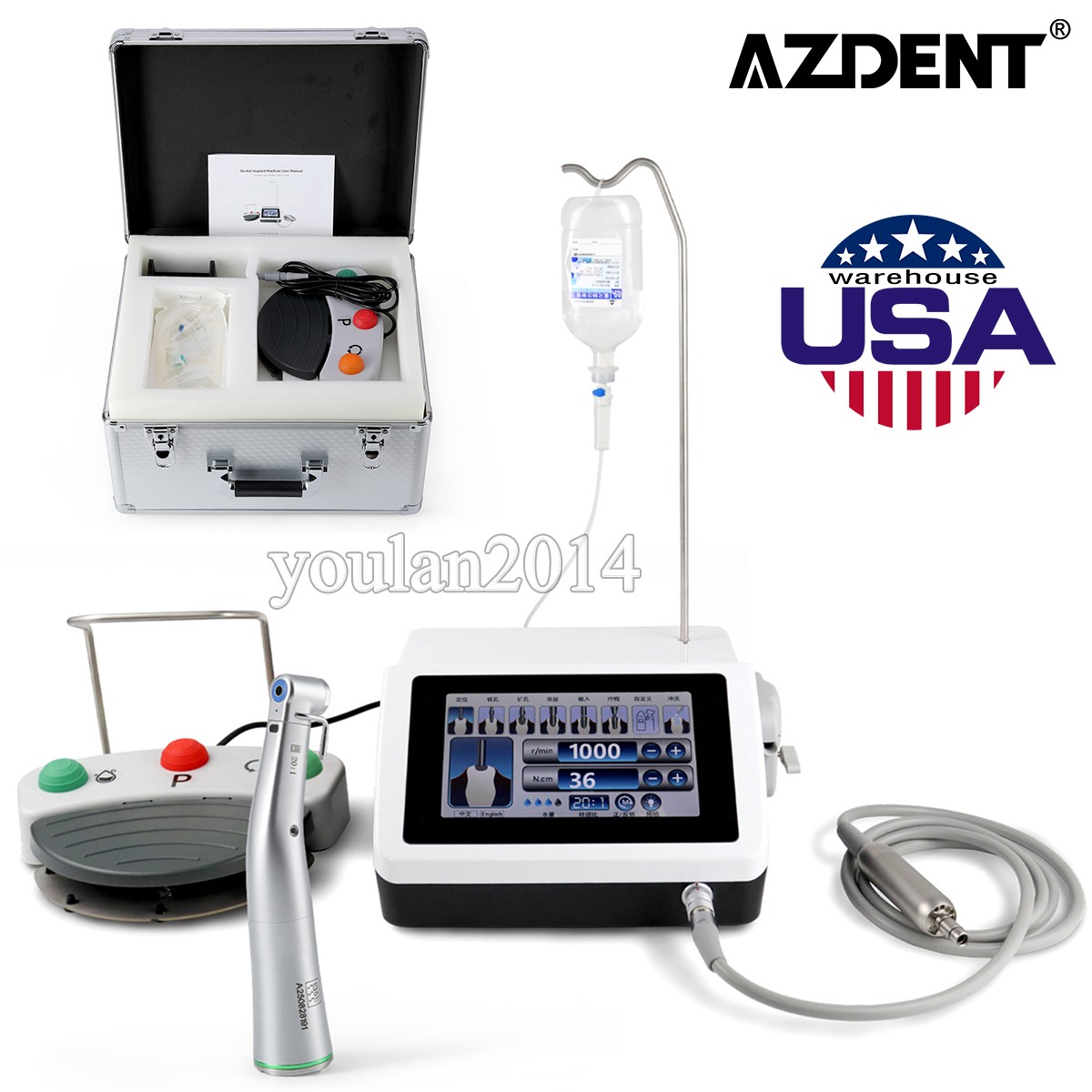 AZDENT Dental Brushless Implant Motor +20:1 LED Contra Handpiece Touch Screen