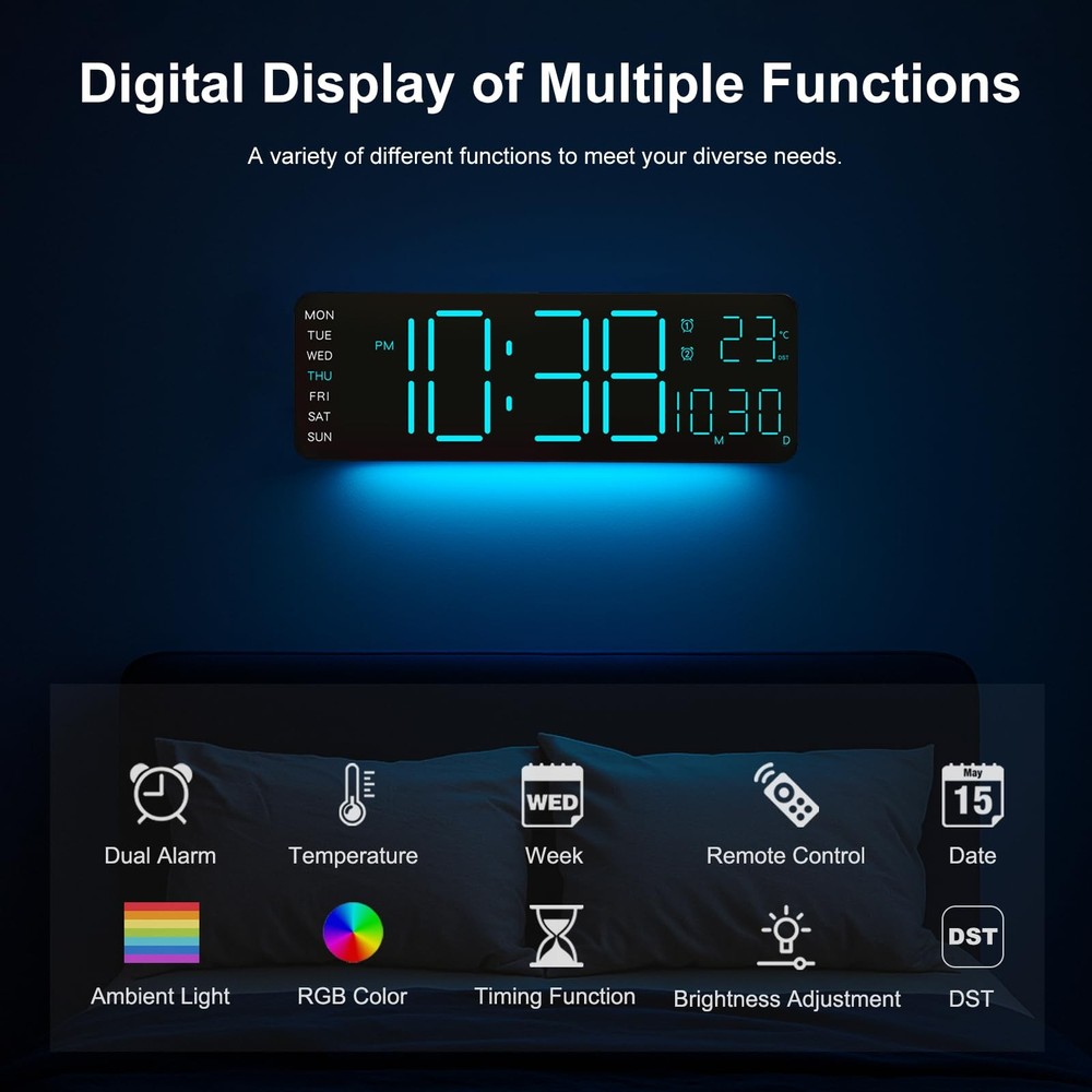 LED Digital Clock Large Display with RGB Color Remote Control, 13" Large Digi...