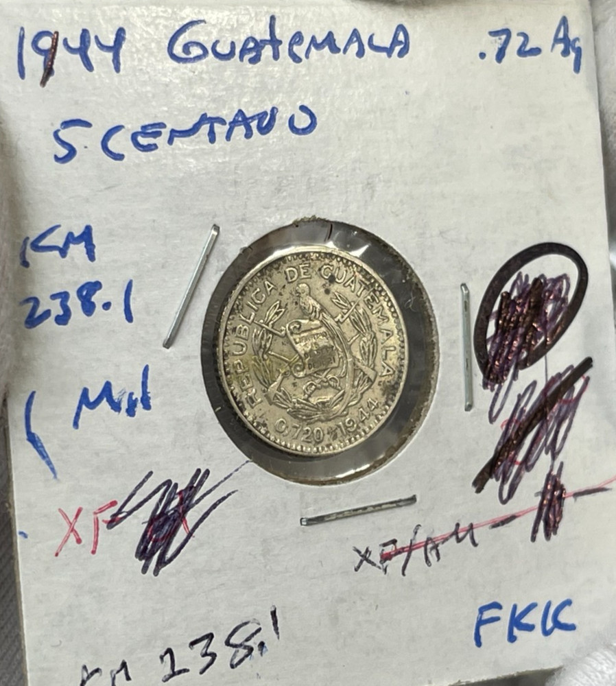 1944 Guatemala 5 Centavos Silver Coin
