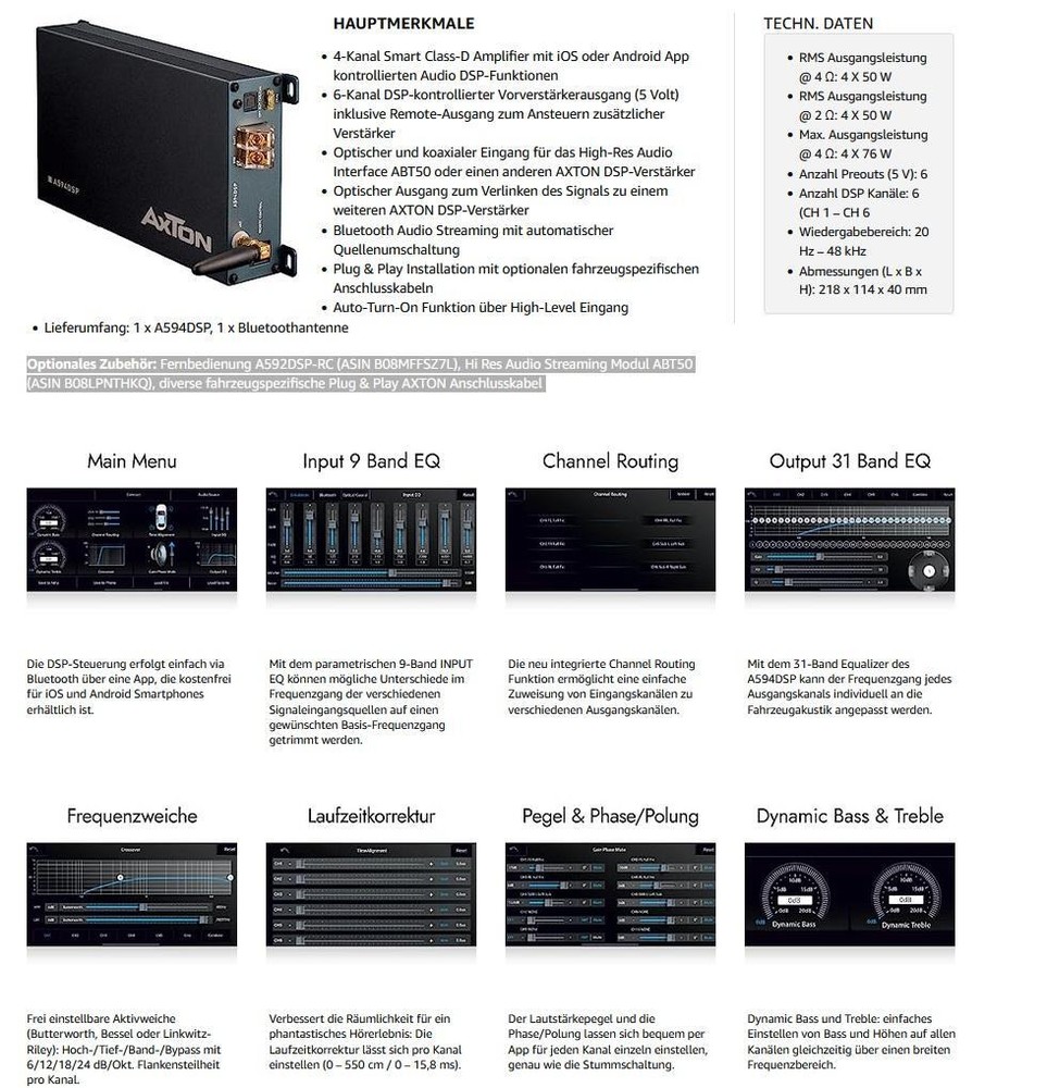 AXTON A594DSP Set Amplifier DSP with Plug & Play Adapter Compatible with Volvo