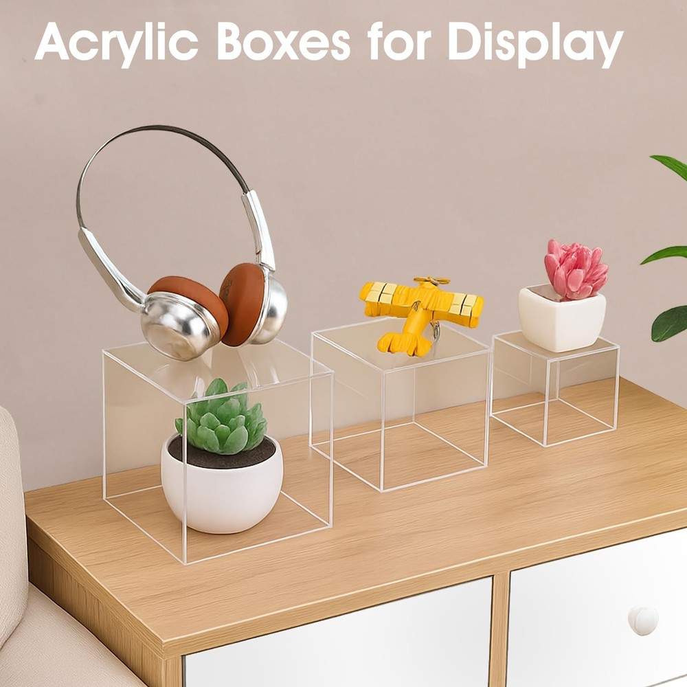 3 Pcs Acrylic Boxes for Display, 3" 4" 5" Small Square Clear Acrylic Cube wit...