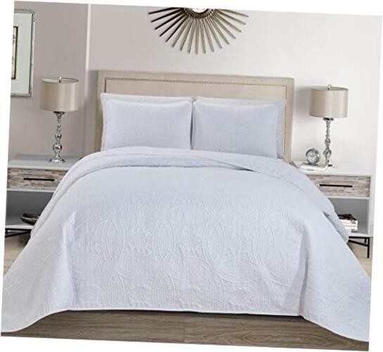 Mk Collection 3pc Solid Embossed Bedspread Bed Cover Over Full/Queen White