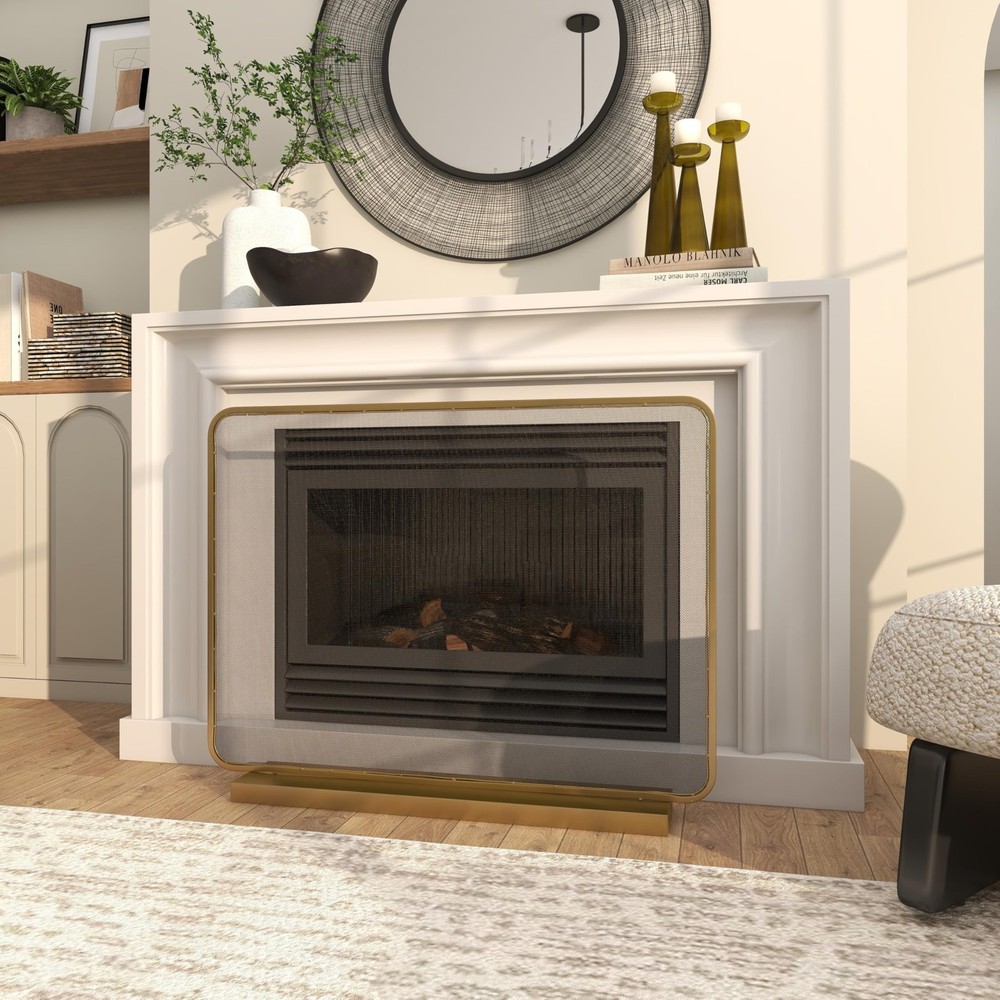 Metal Geometric 1 Panel Fireplace Screen with Rounded Edges and Rectangular B...