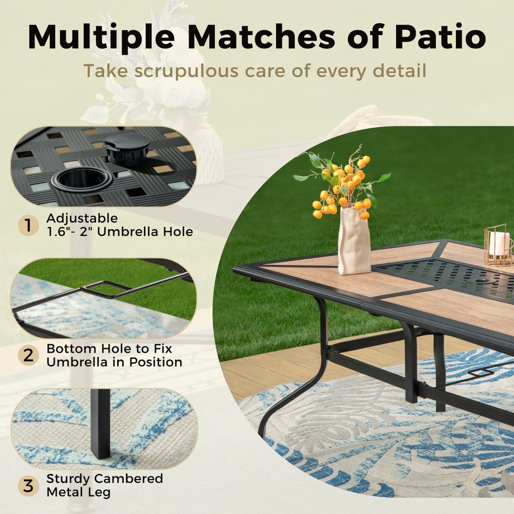 Outdoor Dining Table with 1.6''-2'' Umbrella Hole Patio Dining Table Rectangular