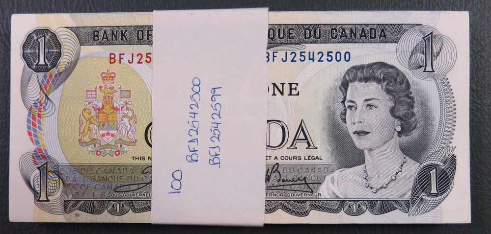 Canada 1 Dollar, 1973 Bundle of 100 notes in consecutive number UNC