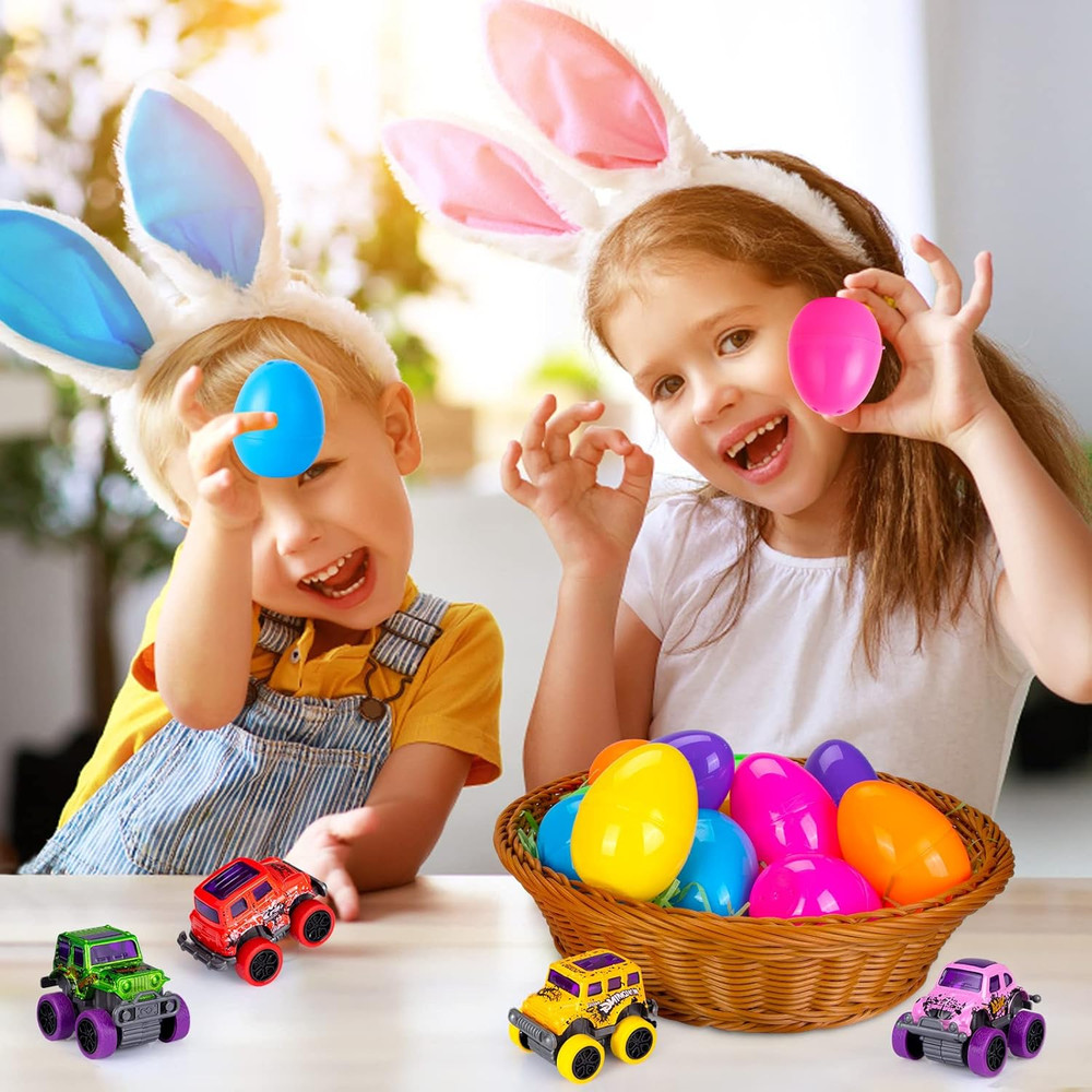 12 Pcs Easter Eggs Filled with Pull Back Cars, Easter Egg Prefilled with Trucks