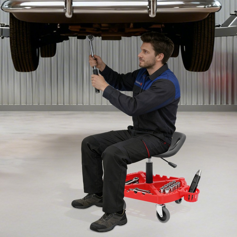 Adjustable Rolling Garage Stool with Tool Storage & Comfortable Seat