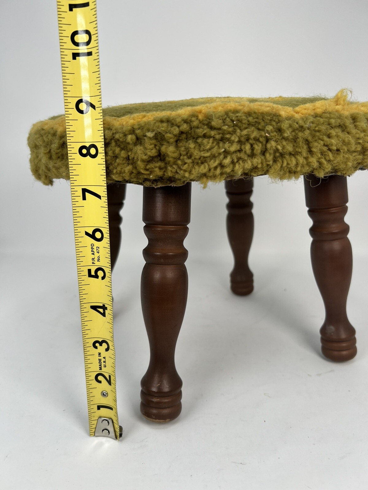 Vtg Round Footstool Floral Hooked Rug Top Wooden Legs MCM 8.75 x 12” Avacado