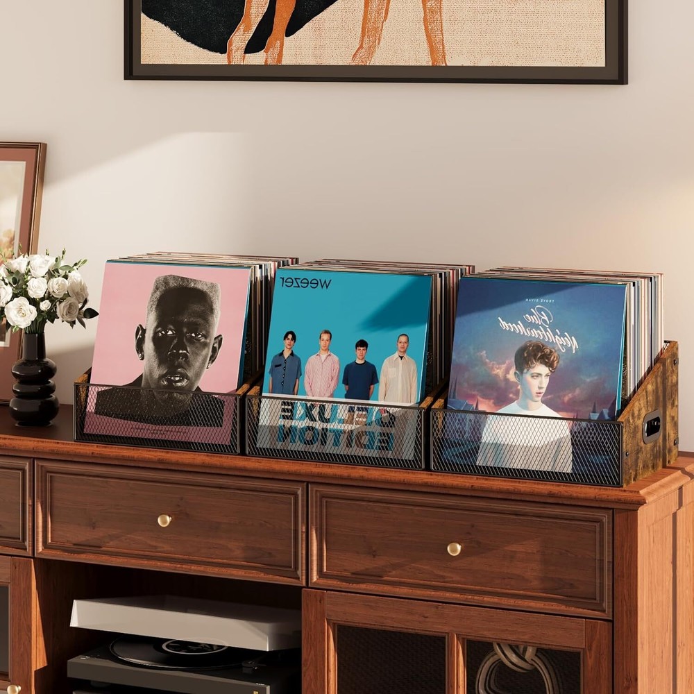 Vinyl Record Storage Holder, Trapezoidal LP 1 Tier, Rustic Brown & Black