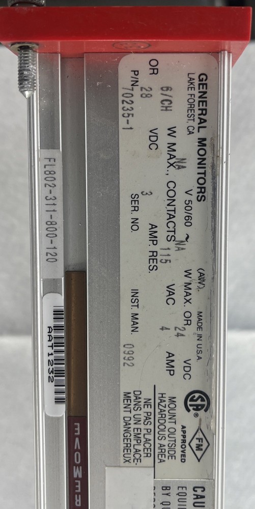 GENERAL MONITORS FL802 70235-1 MULTI-CHANNEL FLAME DETECTION SYSTEM