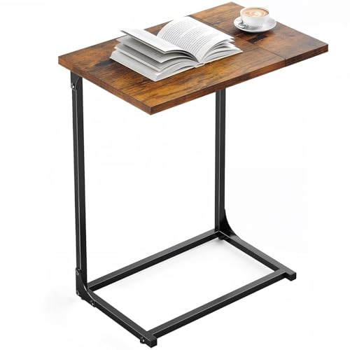 C-Shaped Side Table, C-Table for Sofa, End Table with Vintage Rustic Brown