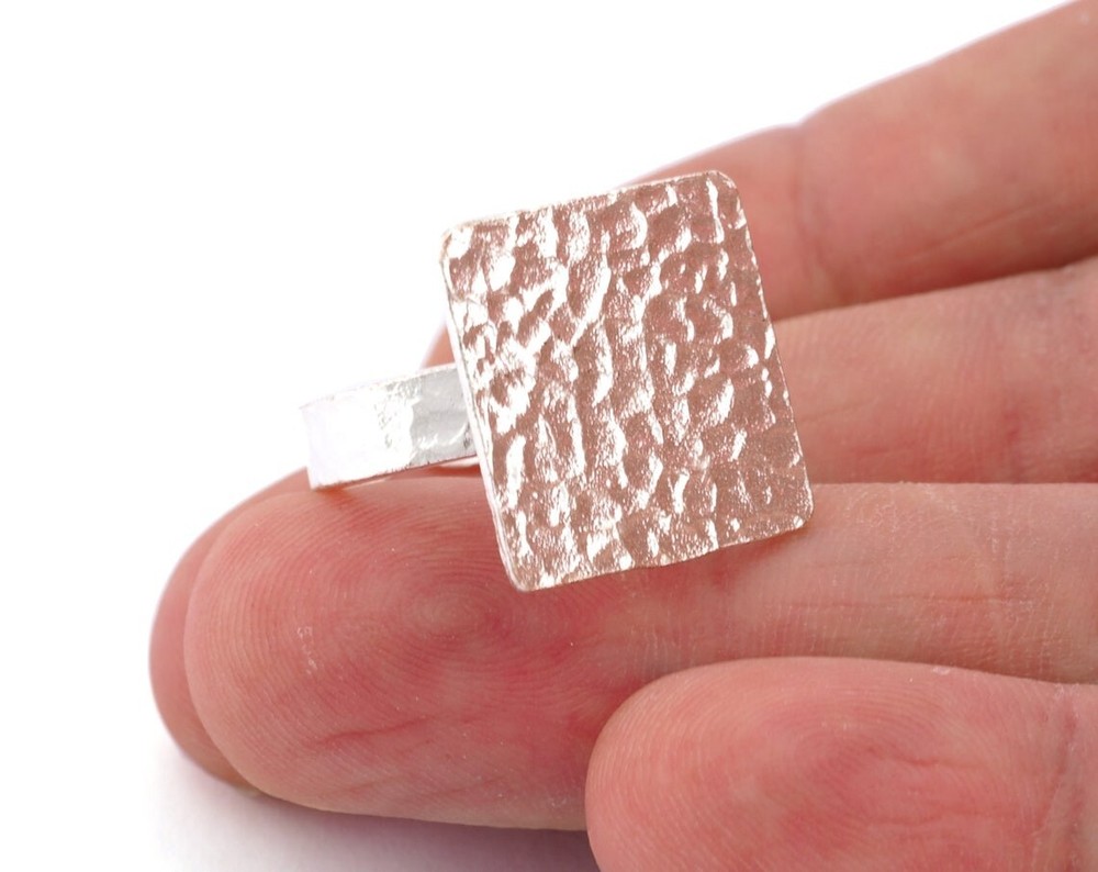 Square Hammered Adjustable Ring Blank - Shiny Silver Plated Brass 4950