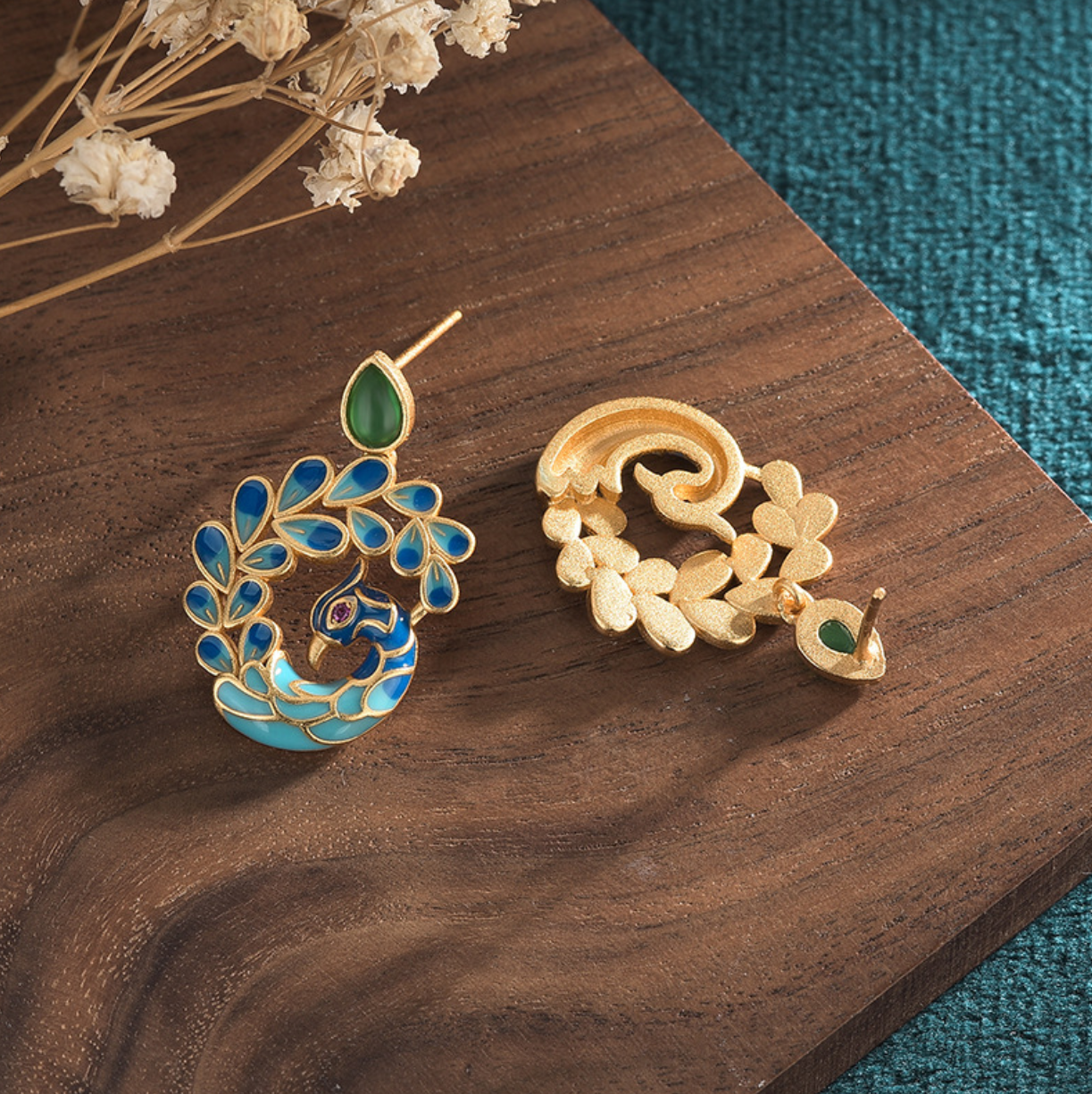 Jade Enamel Drop Dangle Earrings Boho Peacock Dainty Gemstone 18K Gold Plated
