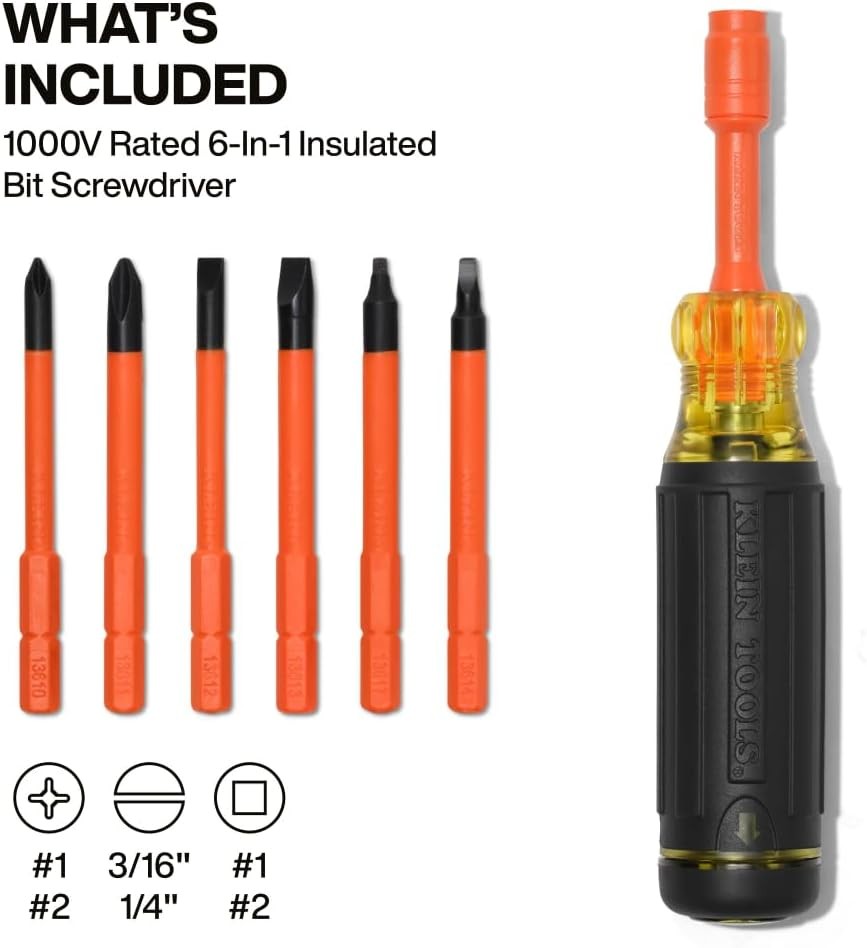 Klein Tools 32306INS 6-in-1 Insulated Multi-Bit Screwdriver Multi-Bit Driver W/