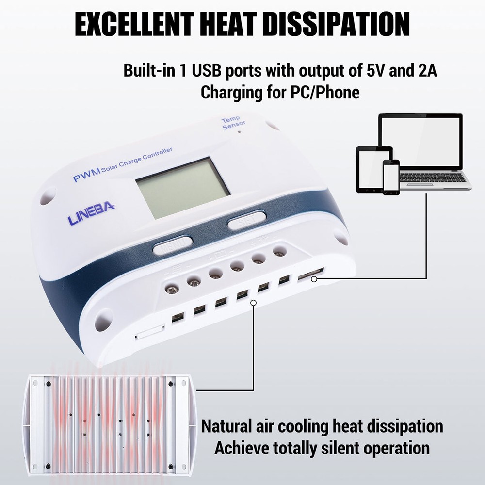 5200W Temp Sensor Solar Charge Controller USB Battery PV Regulator 100A/12V-48V