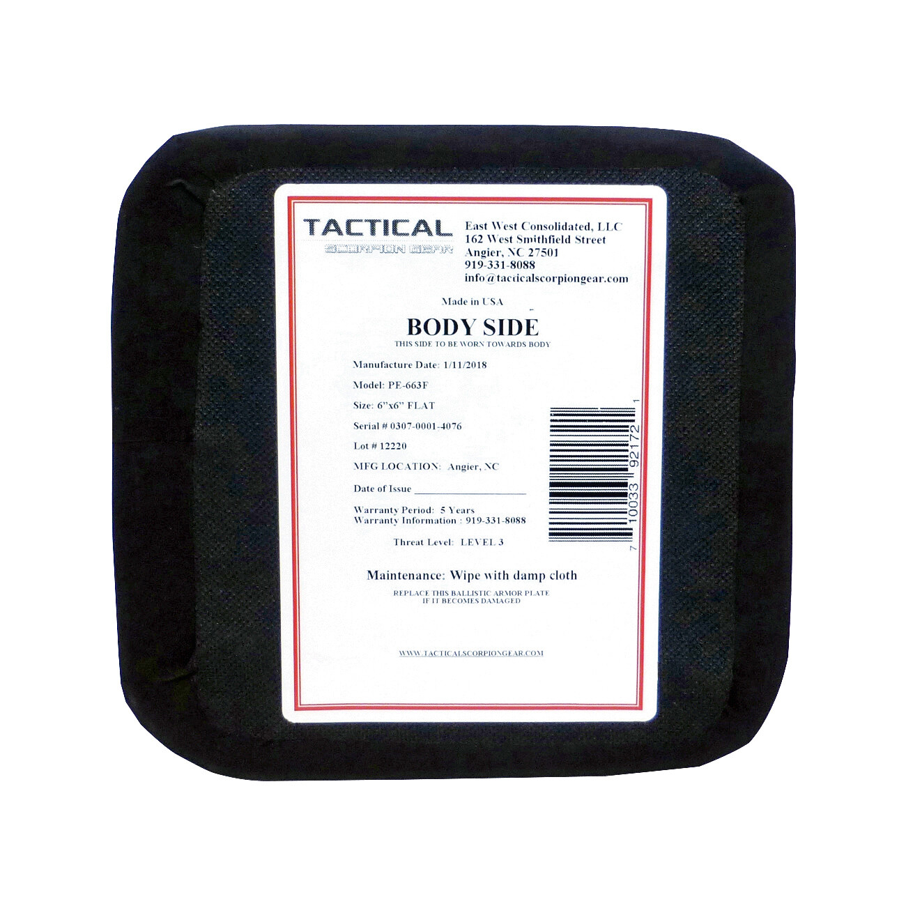 Tactical Scorpion Body Armor Plates Level III+ 3 PE Polyethylene | Size Choice