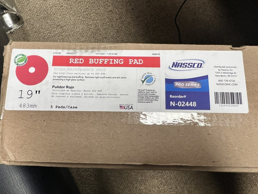 NASSCO PRO SERIES RED BUFFING FLOOR PAD, 19" 5/Cs