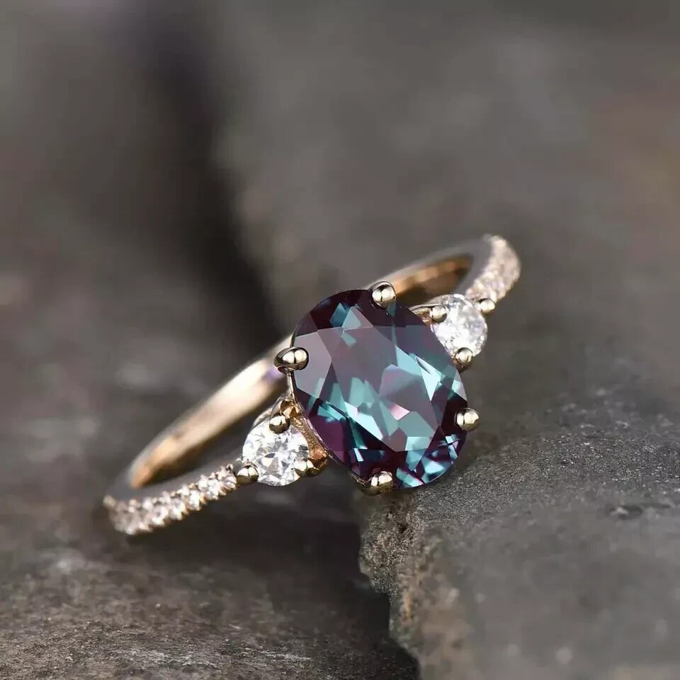 2Ct Oval Cut Alexandrite Three-Stone Engagement Ring Solid 14K Yellow Gold Over