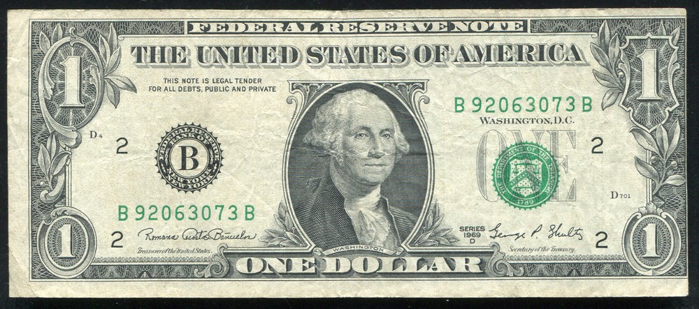 1969-D $1 FRN FEDERAL RESERVE NOTE "MISCUT PRINTING ERROR"