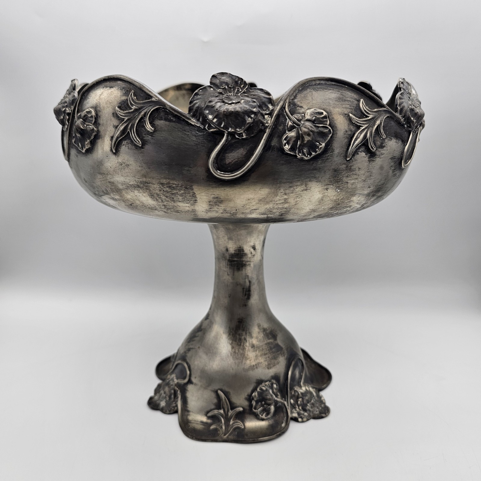 20th Century Art Nouveau Silverplate Pedestal Compote With Floral Relief