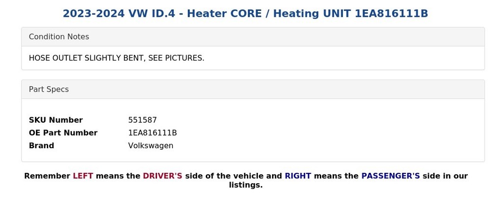 2023-2024 VW ID.4 - Heater CORE / Heating UNIT 1EA816111B