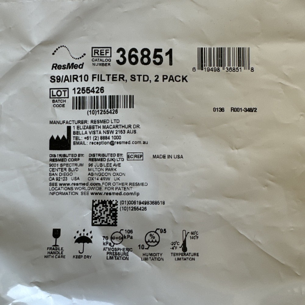 ResMed S9/Air10 Filter, STD, 2 Pack (Ref#36851) (Factory Sealed)