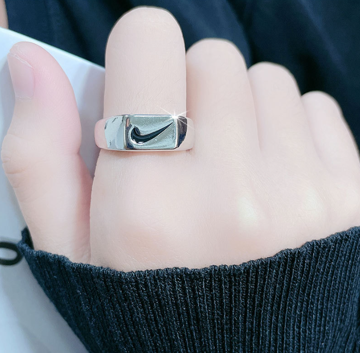 Silver Titanium Unisex Black Hook Nike Symbol Right Marked Adjustable Ring