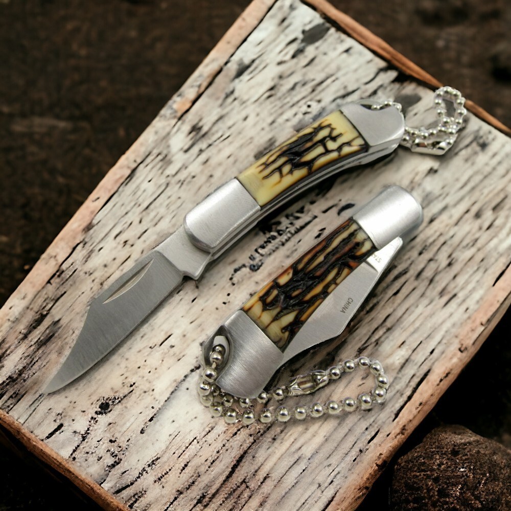 FOLDING POCKET KNIFE KEYCHAIN | 2" Mini Blade Simulated Bone Handle EDC