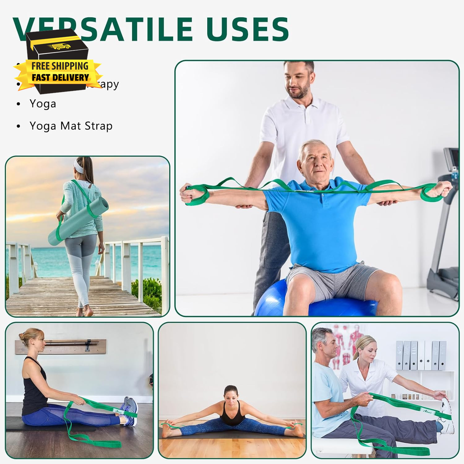 Stretching Strap Yoga Straps for Physical Therapy, 10 Loops Non-Elastic Stretch