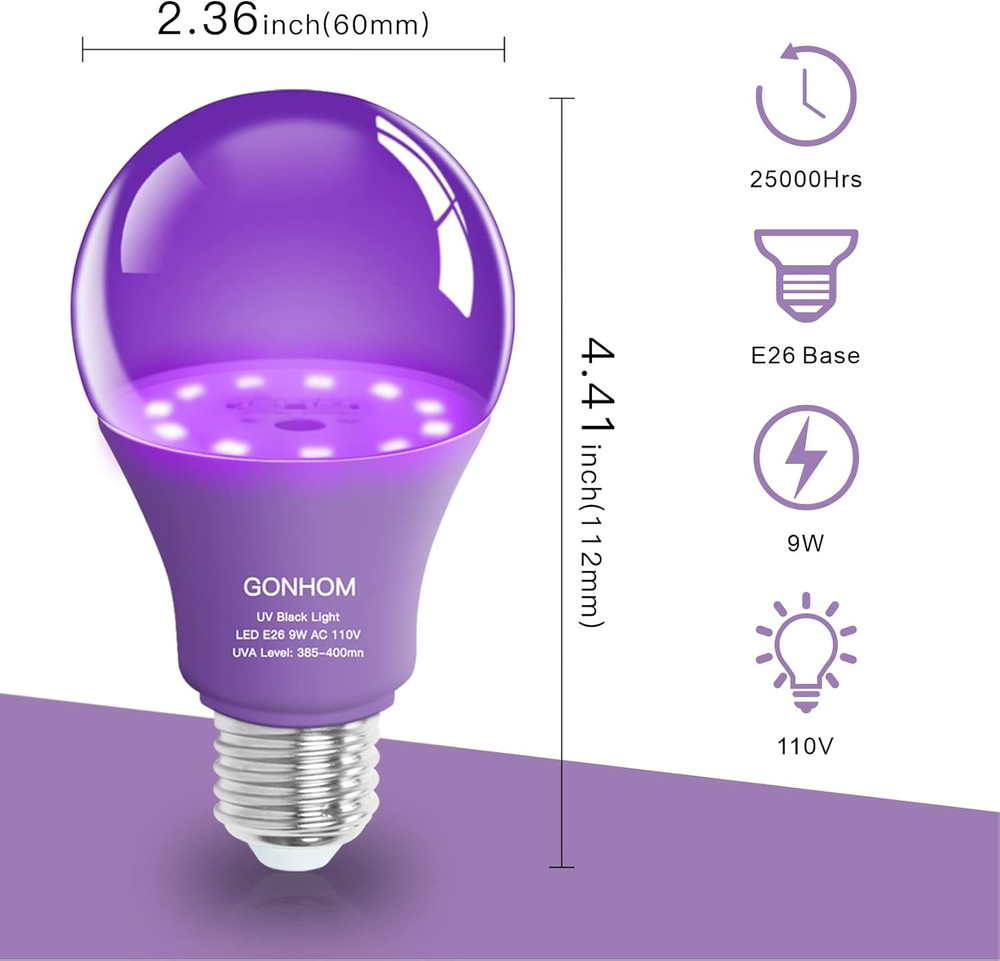 2 Pack A19 LED Black Light Bulbs,Dimmable 9W Blacklight Bulb(100W Equivalent), E