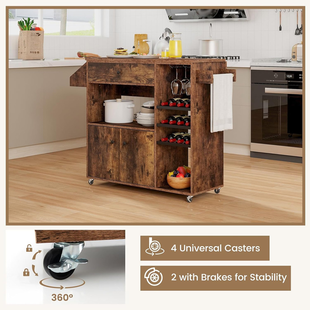Rustic Brown Rolling Kitchen Island Cart with Drop Leaf & Storage Solutions