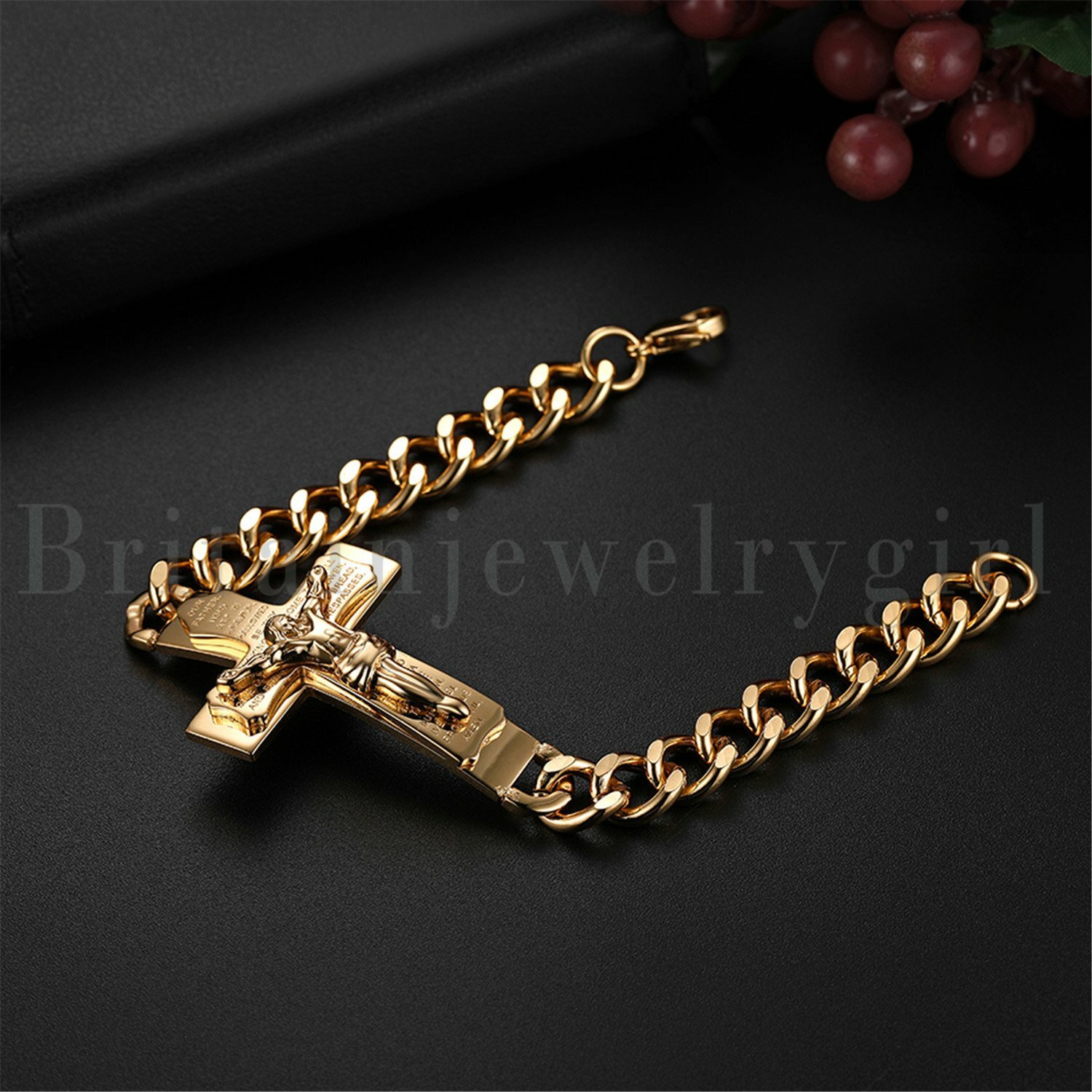 Stainless Steel Jesus Crucifix Cross Prayer Curb Chain Bracelet Wristband Men