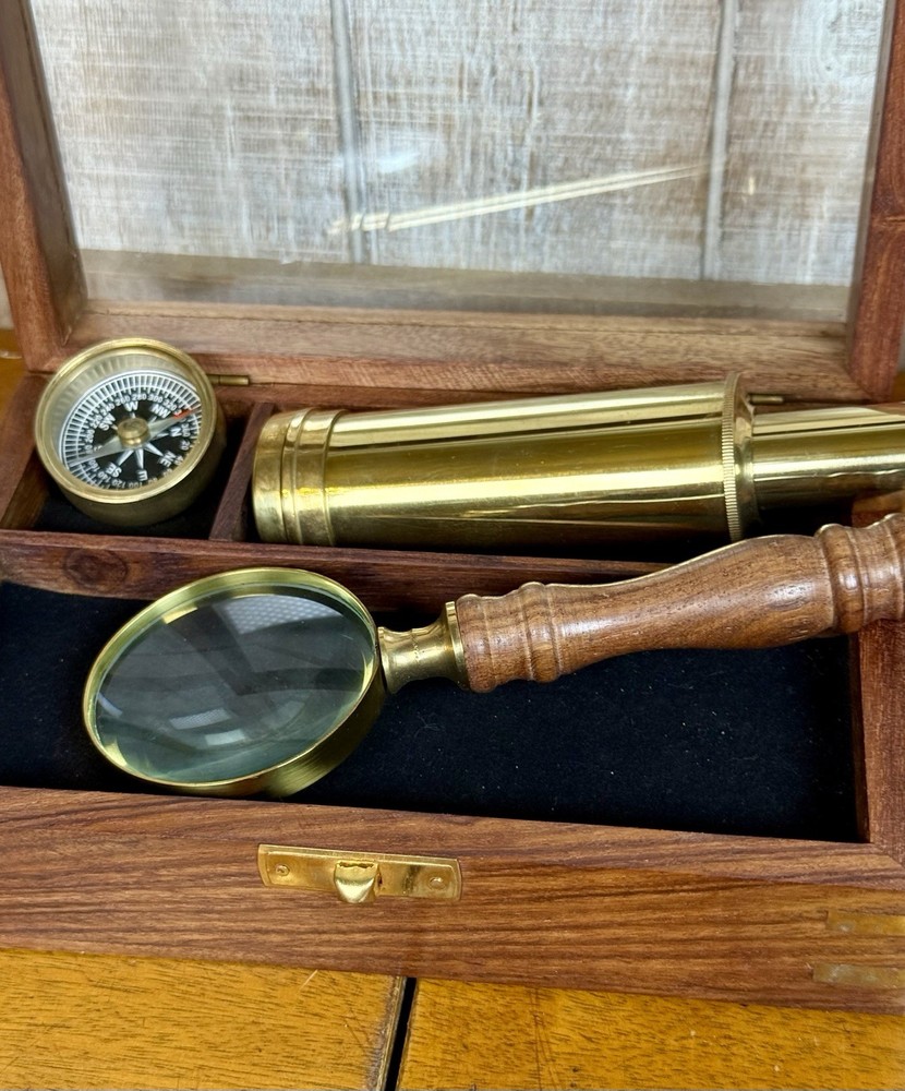 Darwin Brass Explorer Set | Handcrafted Telescope, Compass & Magnify Glass