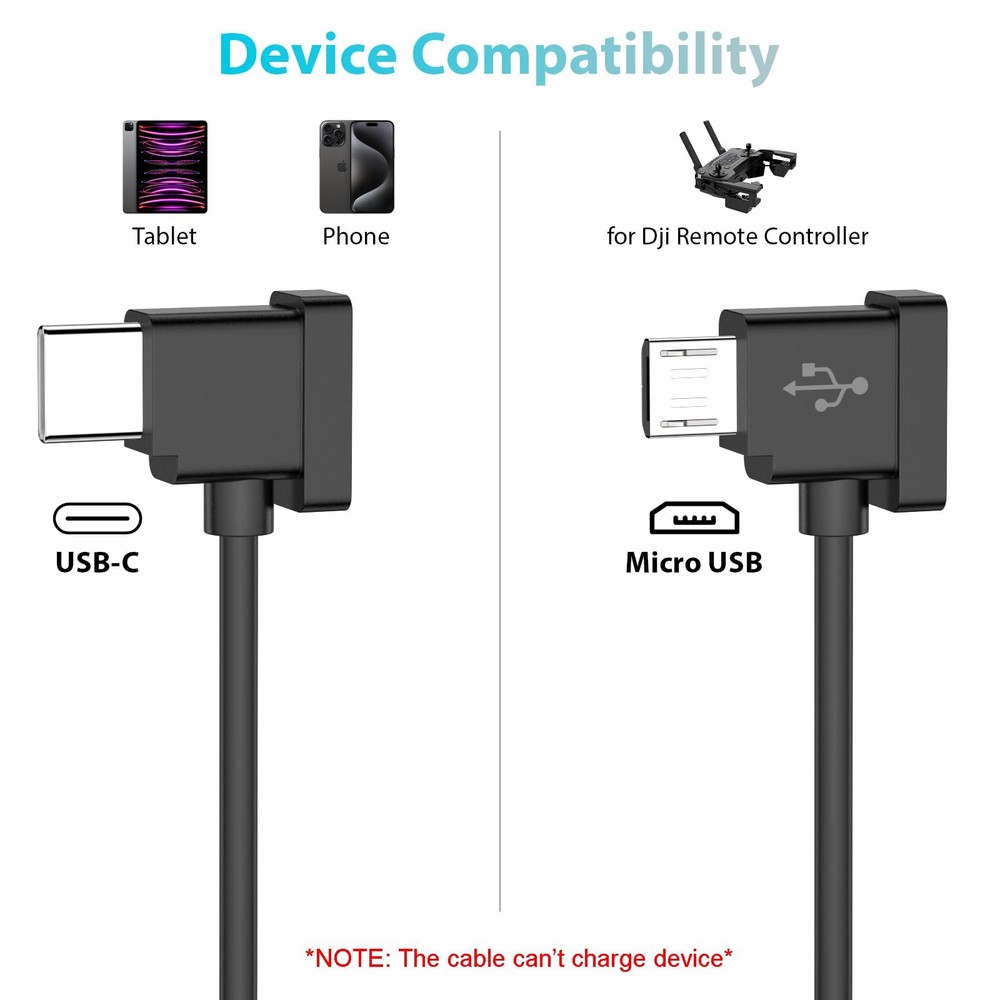Micro USB to USB-C Data Cable for DJI Spark/Mavic Pro/Mavic 1 foot, Black