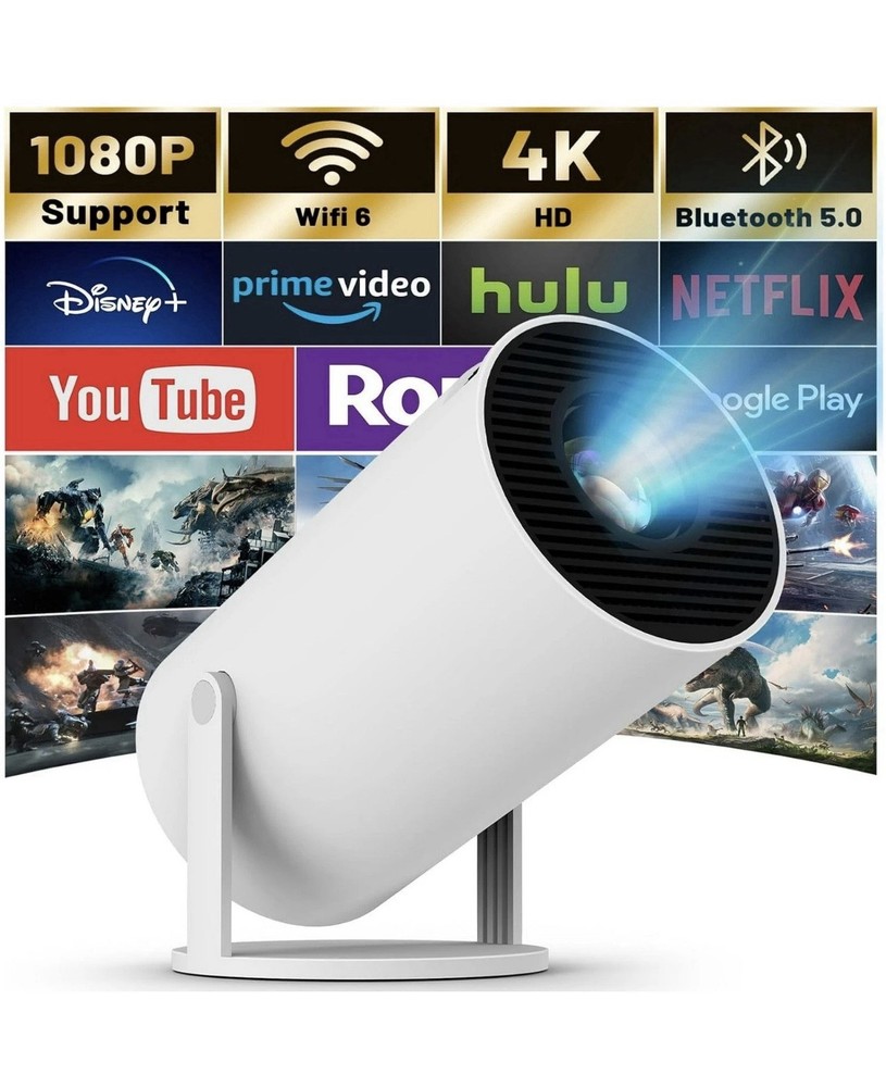 4K Smart Android Projector - 180 ° Rotating Stand + Auto Keystone, Home/Camping