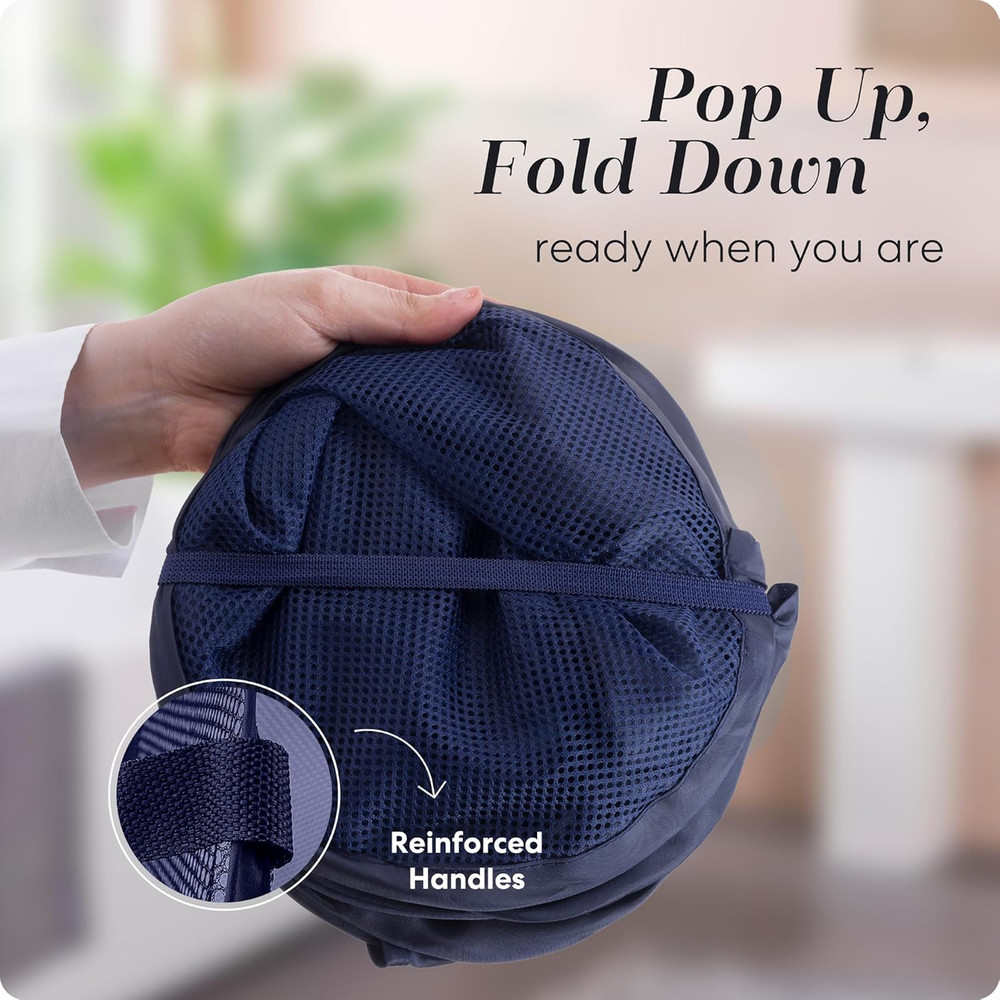 2 Pack Pop Up Laundry Hamper – Foldable Mesh Basket with Pocket, Blue, Portable