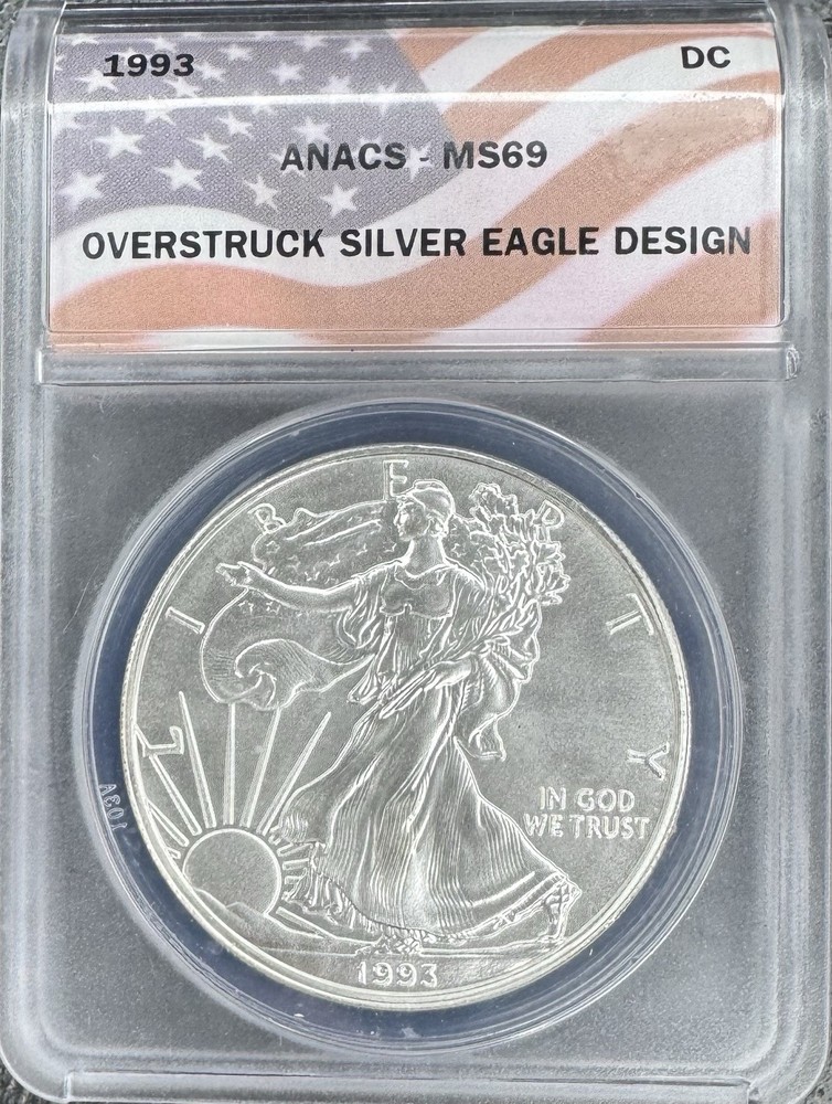 1993 Daniel Carr Overstruck Silver Eagle ANACS MS69🇺🇸DANIEL CARR FLAG LABEL