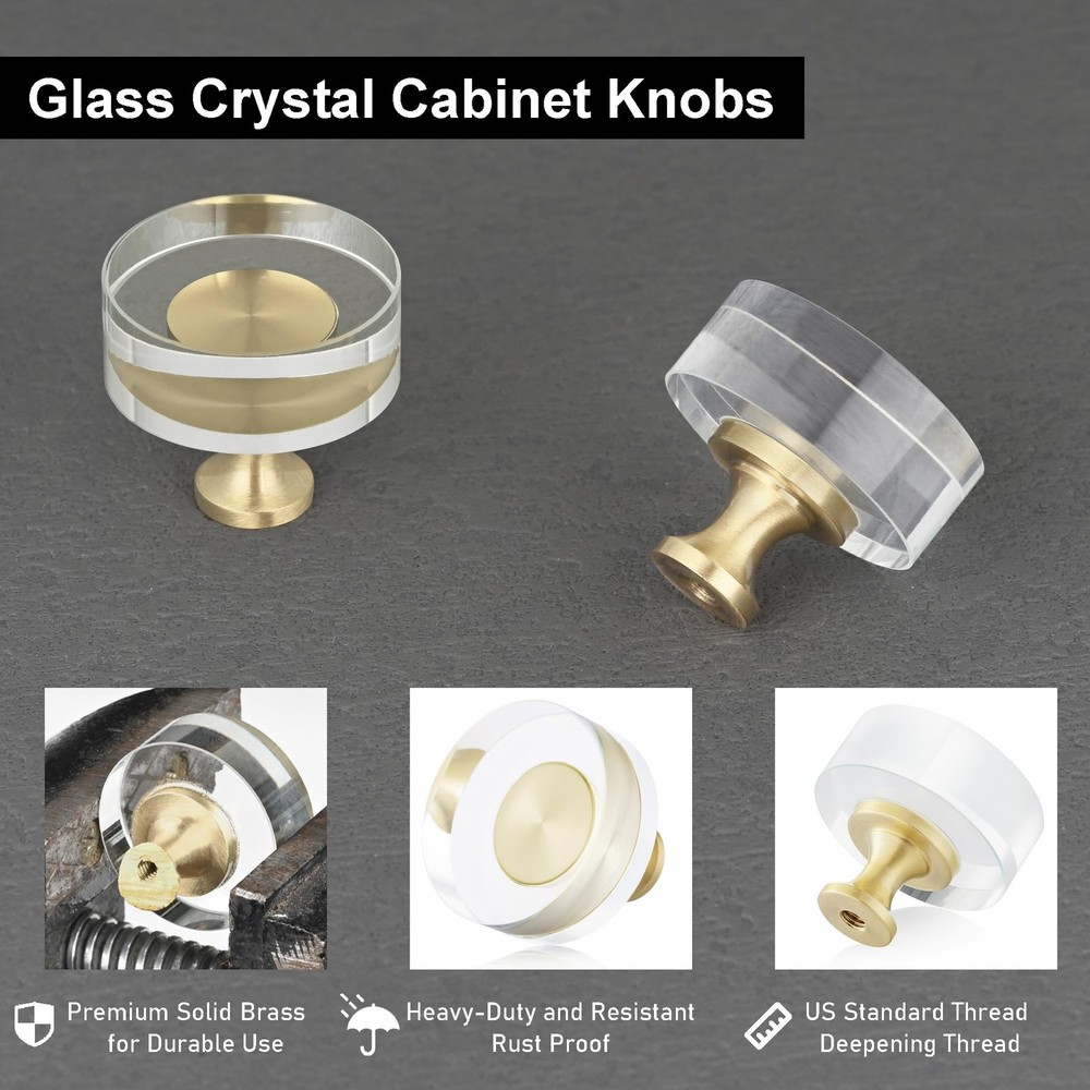 20 Pack Gold Cabinet Knobs, 1-1/4" Round Clear Glass and Brass Drawer Knobs, ...