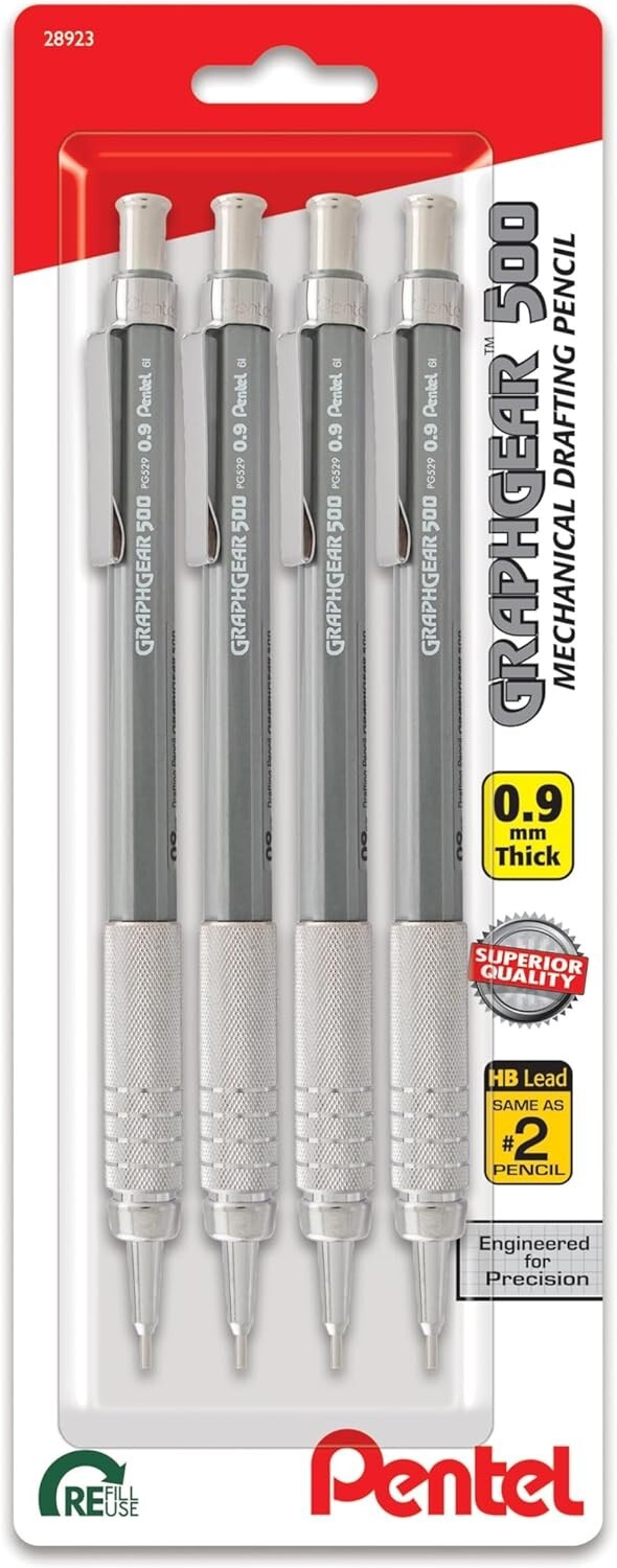 Pentel GraphGear 500 Mechanical Drafting Pencil, 0.9mm, Gray Barrel, Pack of 4