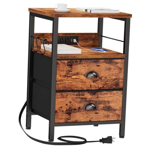 End Table with Charging Station, Nightstand with Fabric 1 pc Rustic Brown