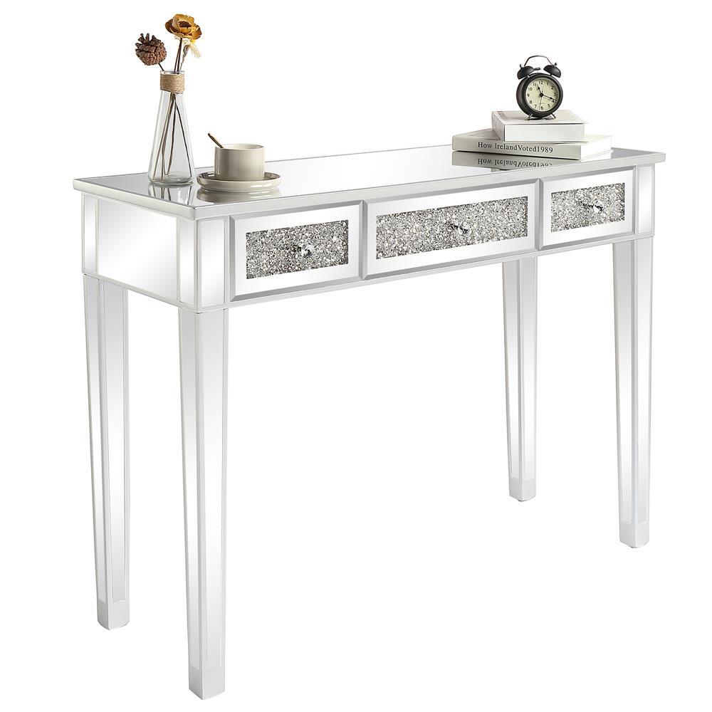 Modern Console Table Mirrored Vanity Table Makeup Desk Diamond w/ 3 Drawers