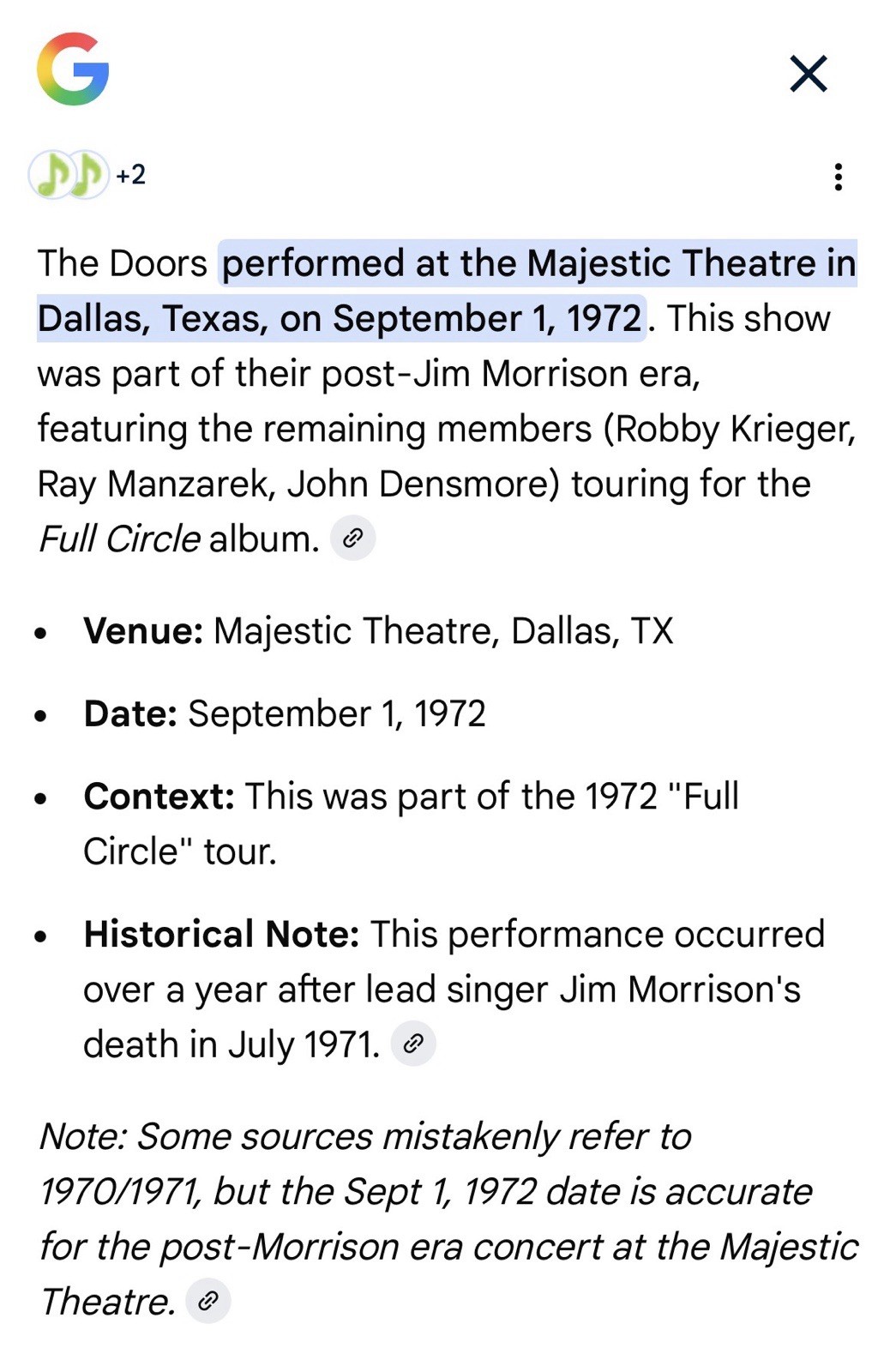 1972 THE DOORS FULL CIRCLE TOUR DALLAS CONCERT TICKET STUB LIGHT MY FIRE 1804