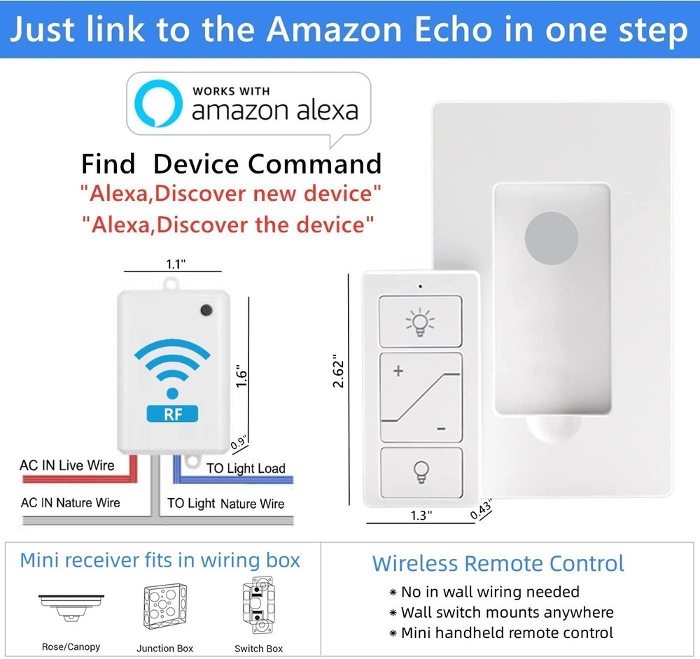 Smart Wireless Dimmer Switch & Receiver Ki No wiring Remote Control Work Alexa