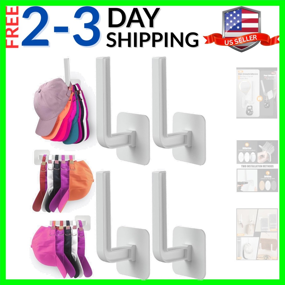 Hat Rack for Hat Storage 4-Pack, Multi-Purpose Hat Organizer, Strong Adhesive...