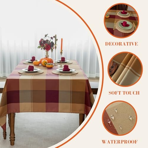 Rectangle Plaid Tablecloth, Waterproof Table 70" x 52" (Rectangular) Brown