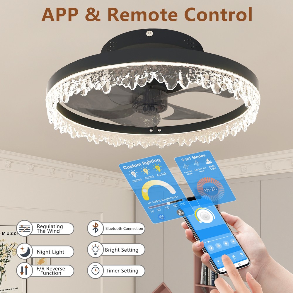 16" Modern Fan Light Flush Mount LED Ceiling Fixture kit With APP Remote Control