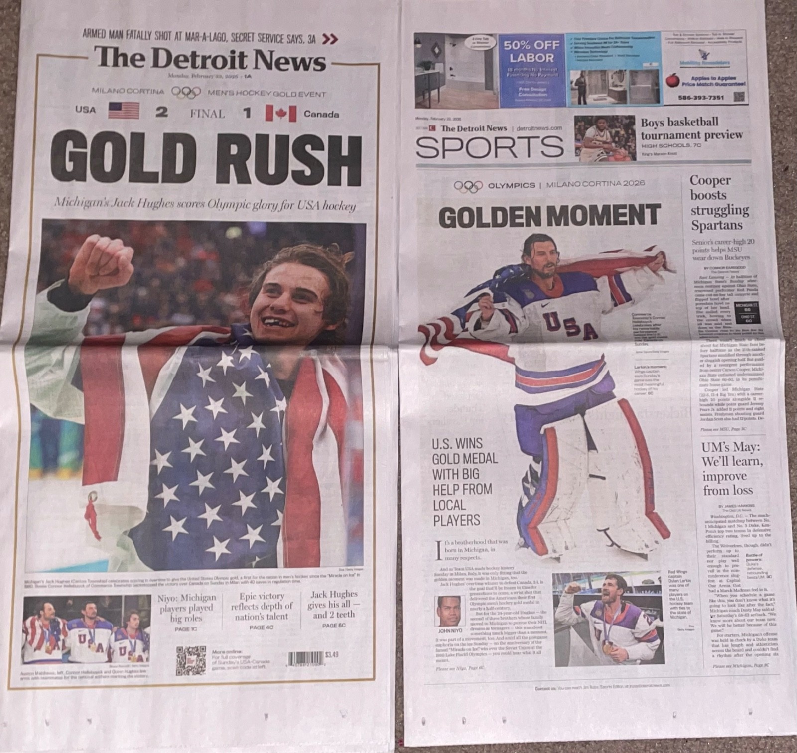 23FEB2026 TEAM USA 🇺🇸 WINS OLYMPIC GOLD RUSH DETROIT NEWS FULL PAPER HOCKEY