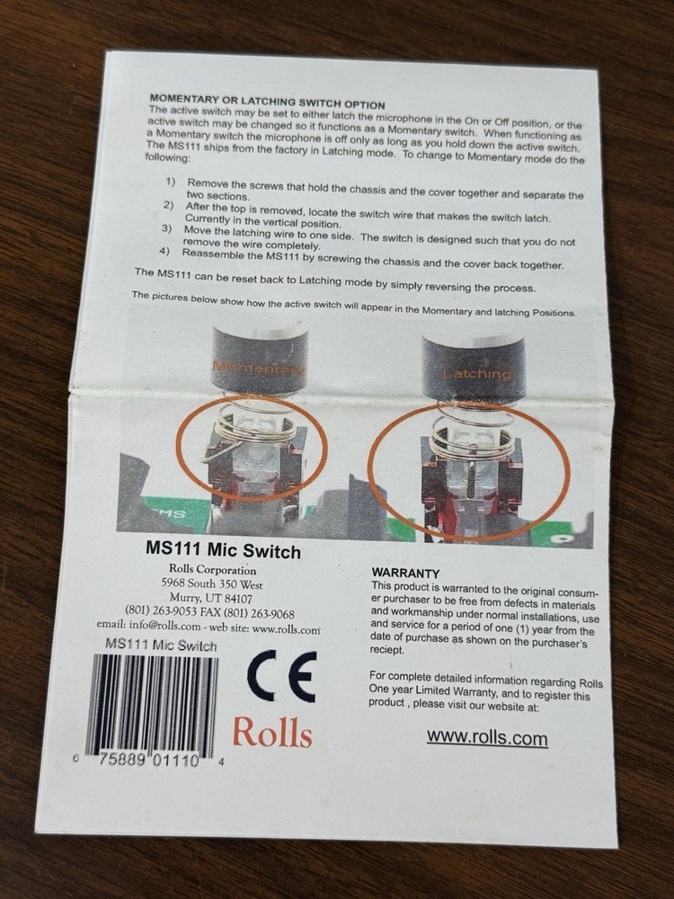 Rolls MS111 Microphone Muting Switch (New)