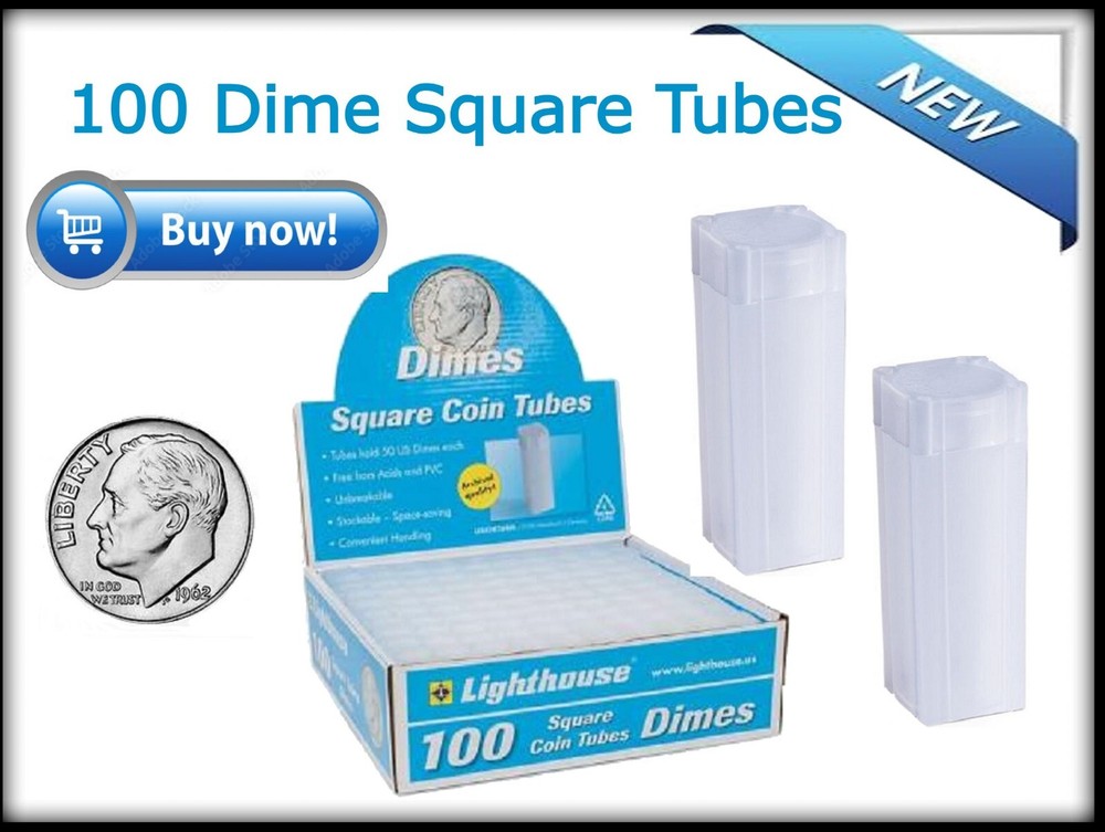 100 Lighthouse Square Tubes Dime Size 17.91 mm Coins  Quality & Stackable 1 Box