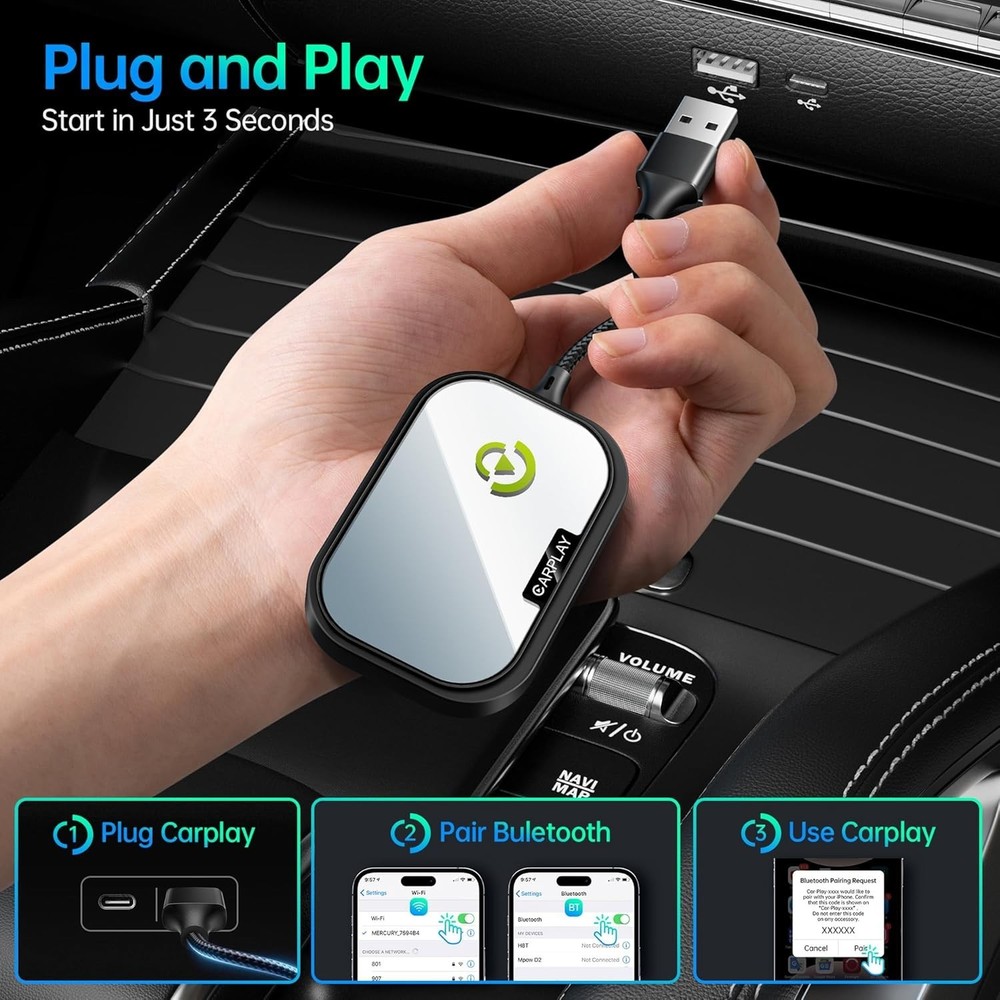 Wireless Apple CarPlay Adapter Plug Play Auto Connect iPhone Cars